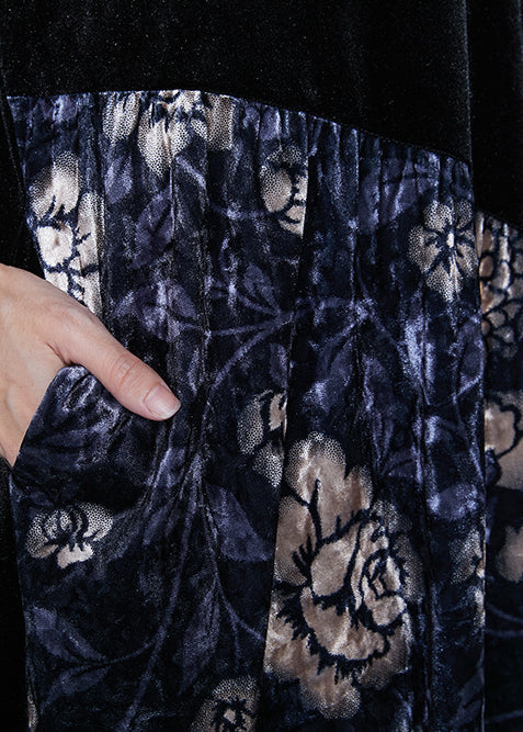 French Black Oversized Patchwork Silk Velour Dresses Half Sleeve - Image 5