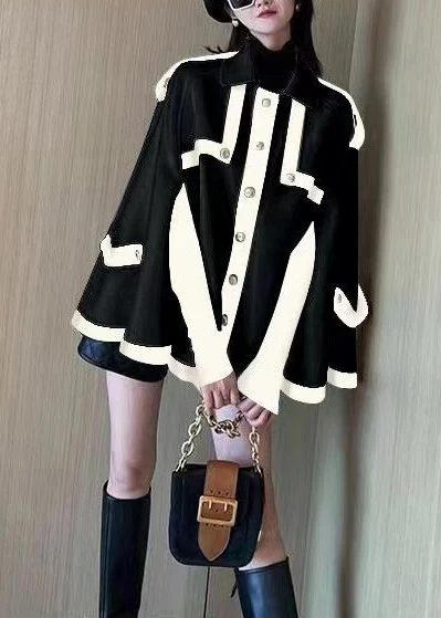French Black Oversized PocketsPatchwork Woolen Coats Cloak Sleeves - Image 2