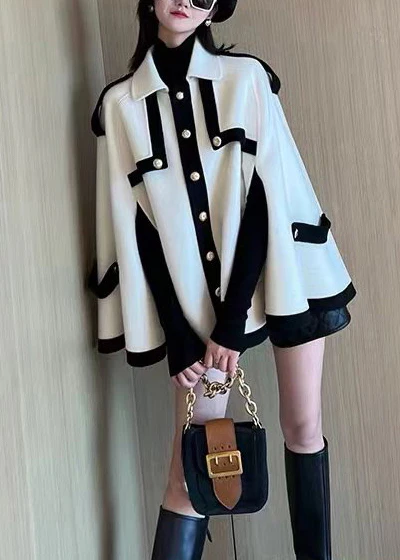 French Black Oversized PocketsPatchwork Woolen Coats Cloak Sleeves - Image 3