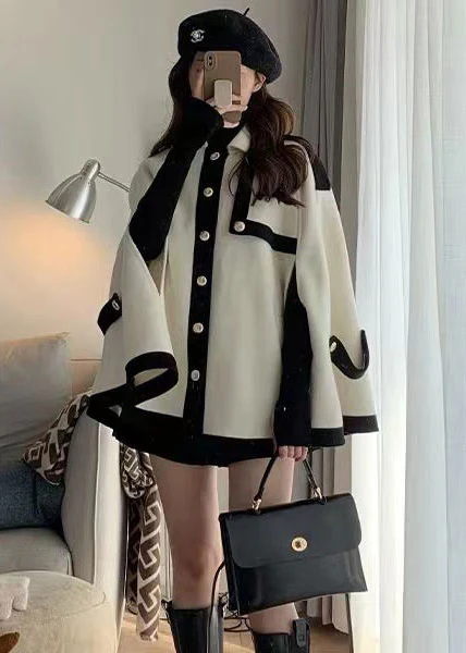 French Black Oversized PocketsPatchwork Woolen Coats Cloak Sleeves - Image 4