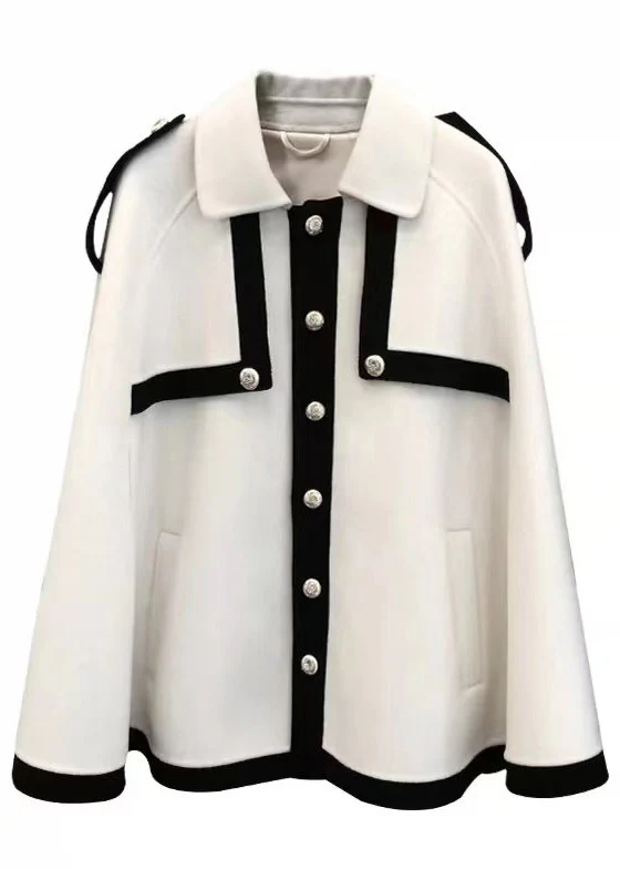 French Black Oversized PocketsPatchwork Woolen Coats Cloak Sleeves - Image 5