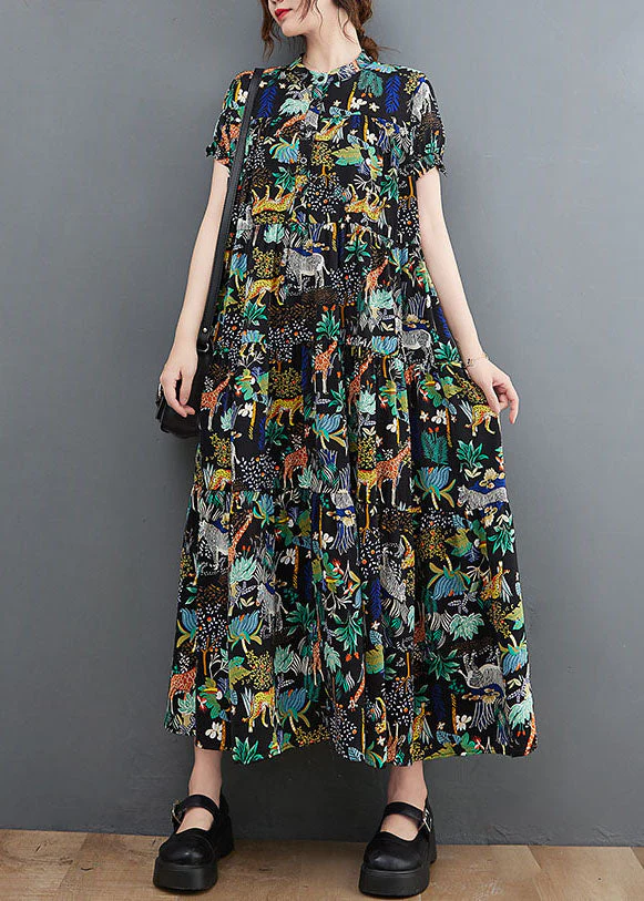 French Black Oversized Print Exra Large Hem Cotton Dress Summer