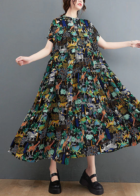 French Black Oversized Print Exra Large Hem Cotton Dress Summer - Image 2