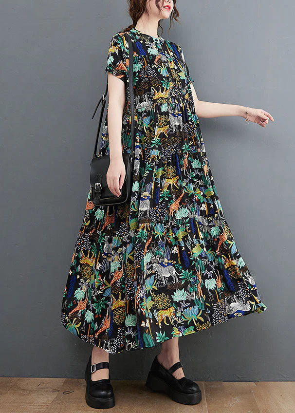 French Black Oversized Print Exra Large Hem Cotton Dress Summer - Image 3