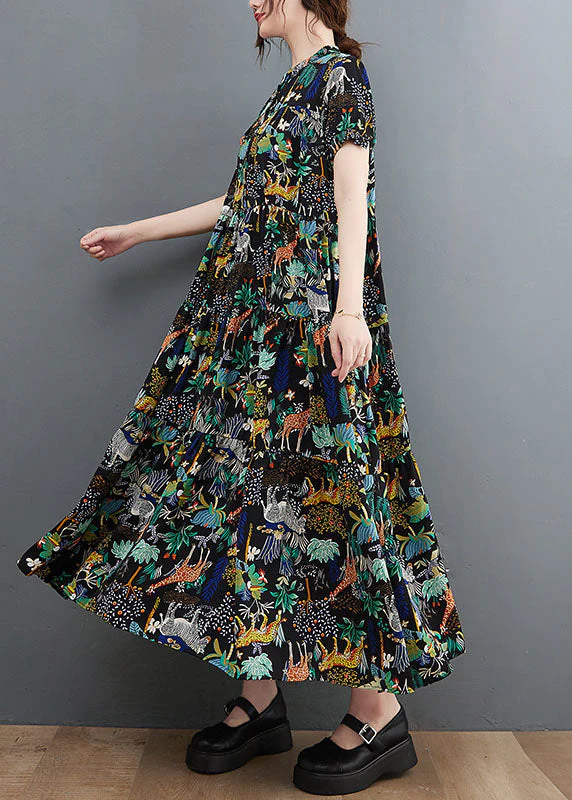 French Black Oversized Print Exra Large Hem Cotton Dress Summer - Image 4