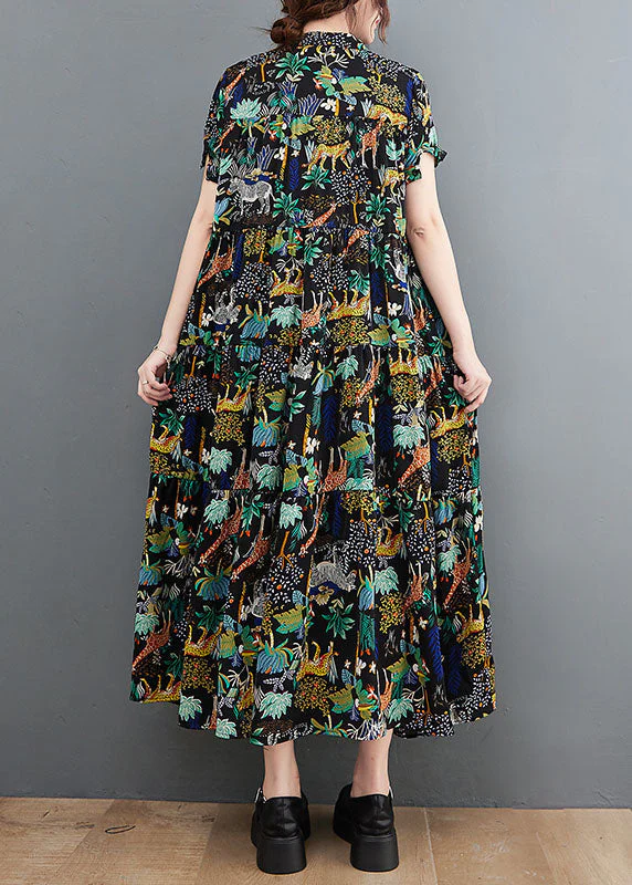 French Black Oversized Print Exra Large Hem Cotton Dress Summer - Image 5