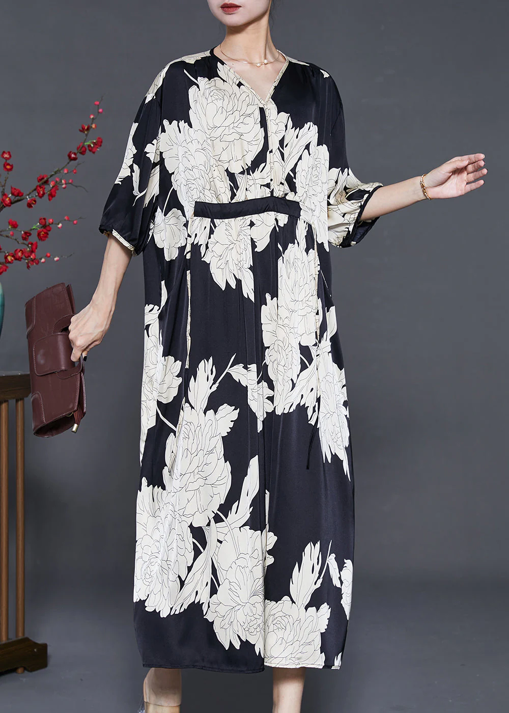 French Black Oversized Print Silk Dresses Summer - Image 2