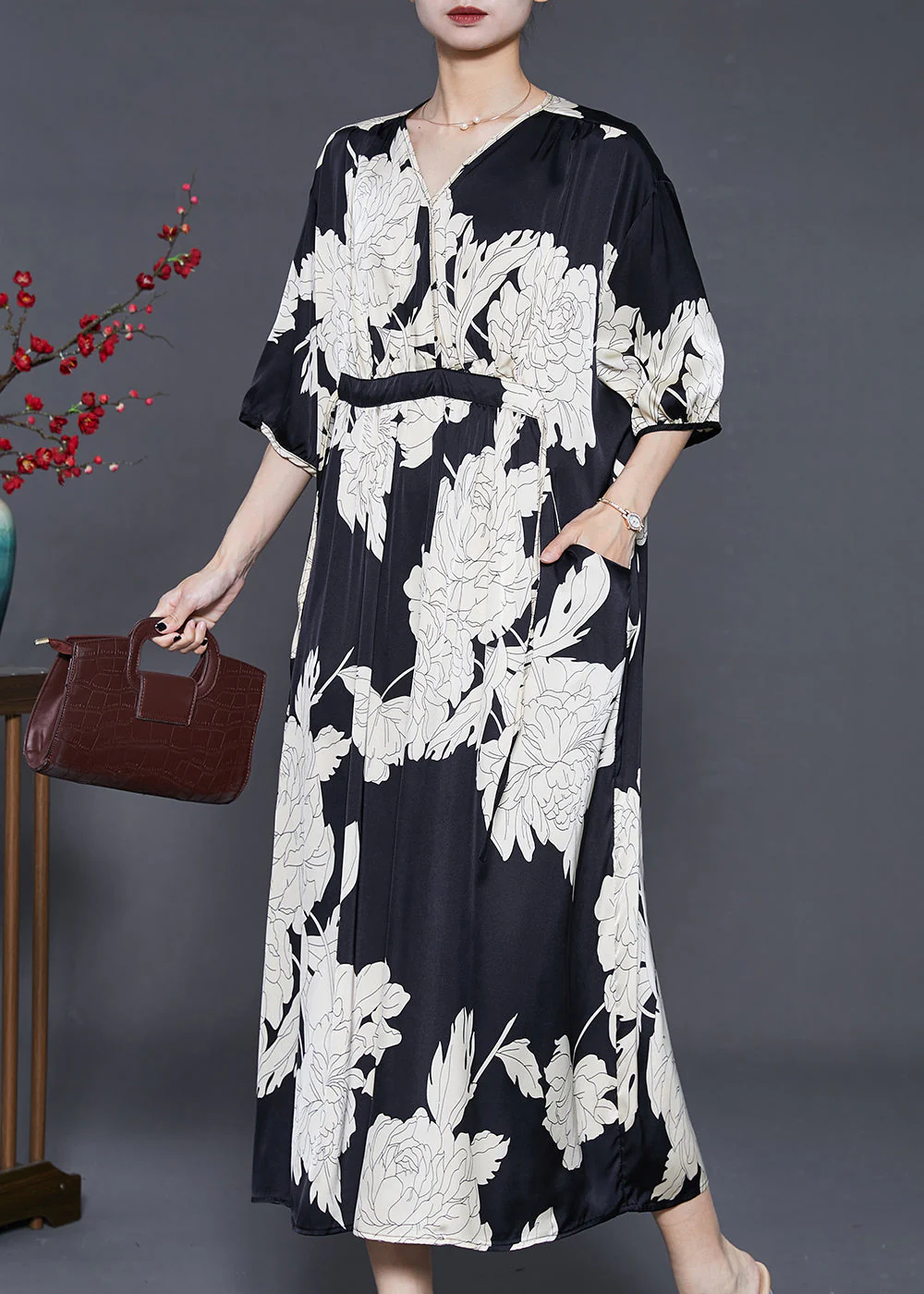 French Black Oversized Print Silk Dresses Summer - Image 3