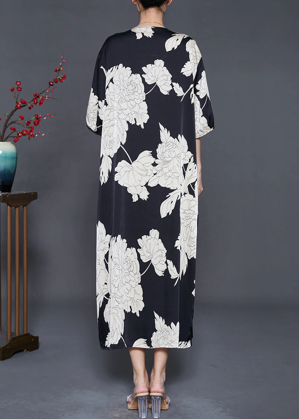 French Black Oversized Print Silk Dresses Summer - Image 4