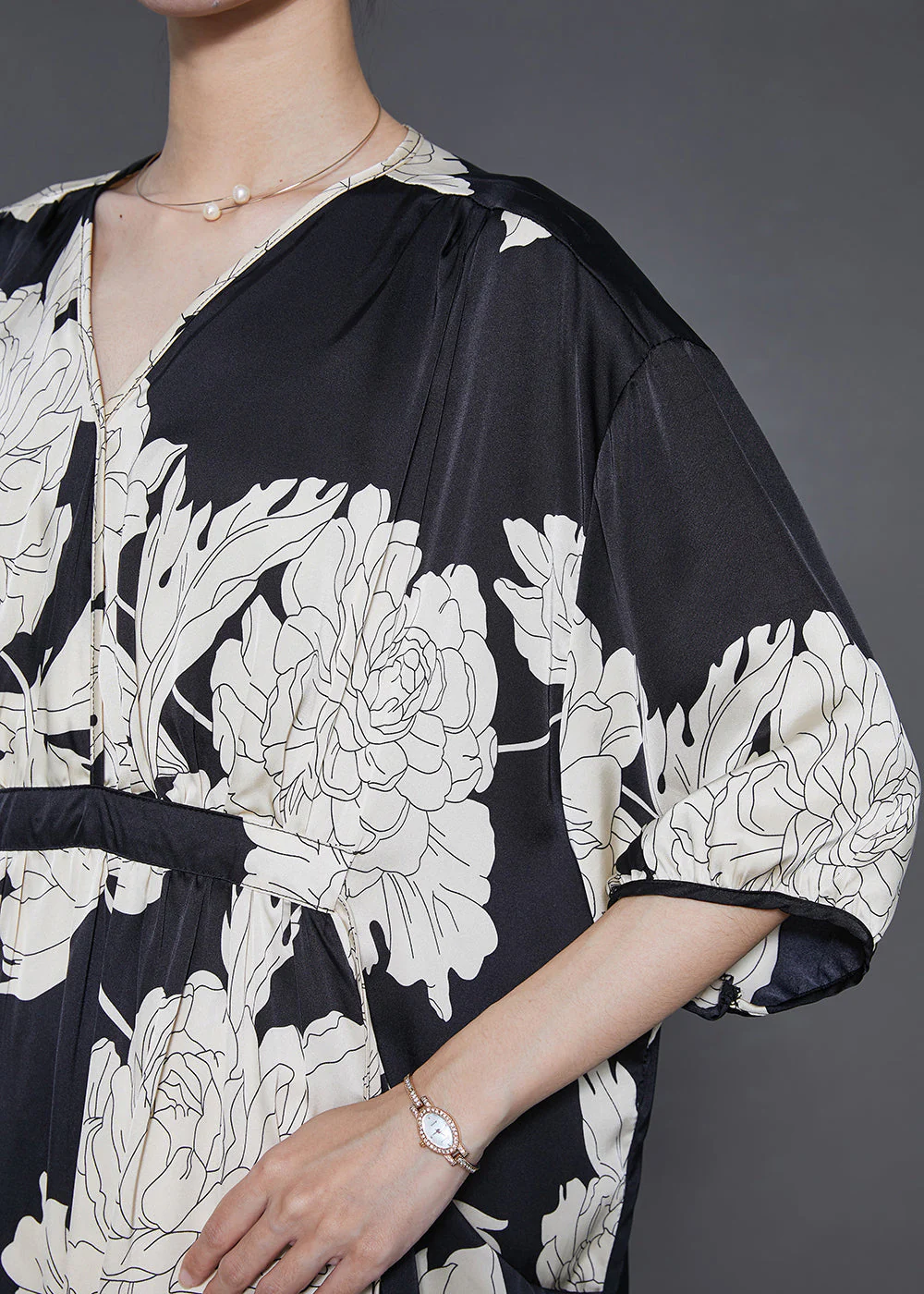 French Black Oversized Print Silk Dresses Summer - Image 5