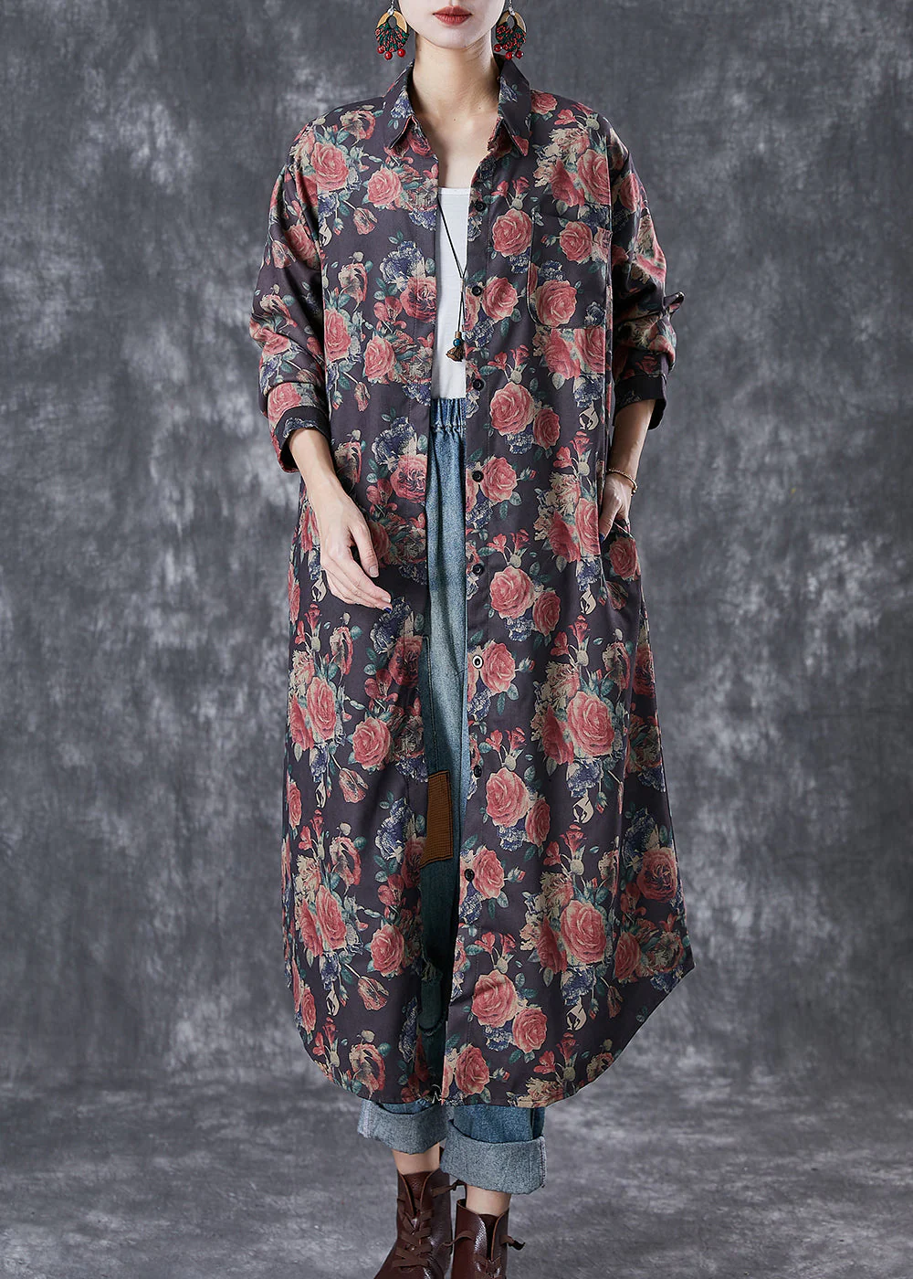French Black Oversized Rose Print Cotton Shirt Dresses Fall - Image 2