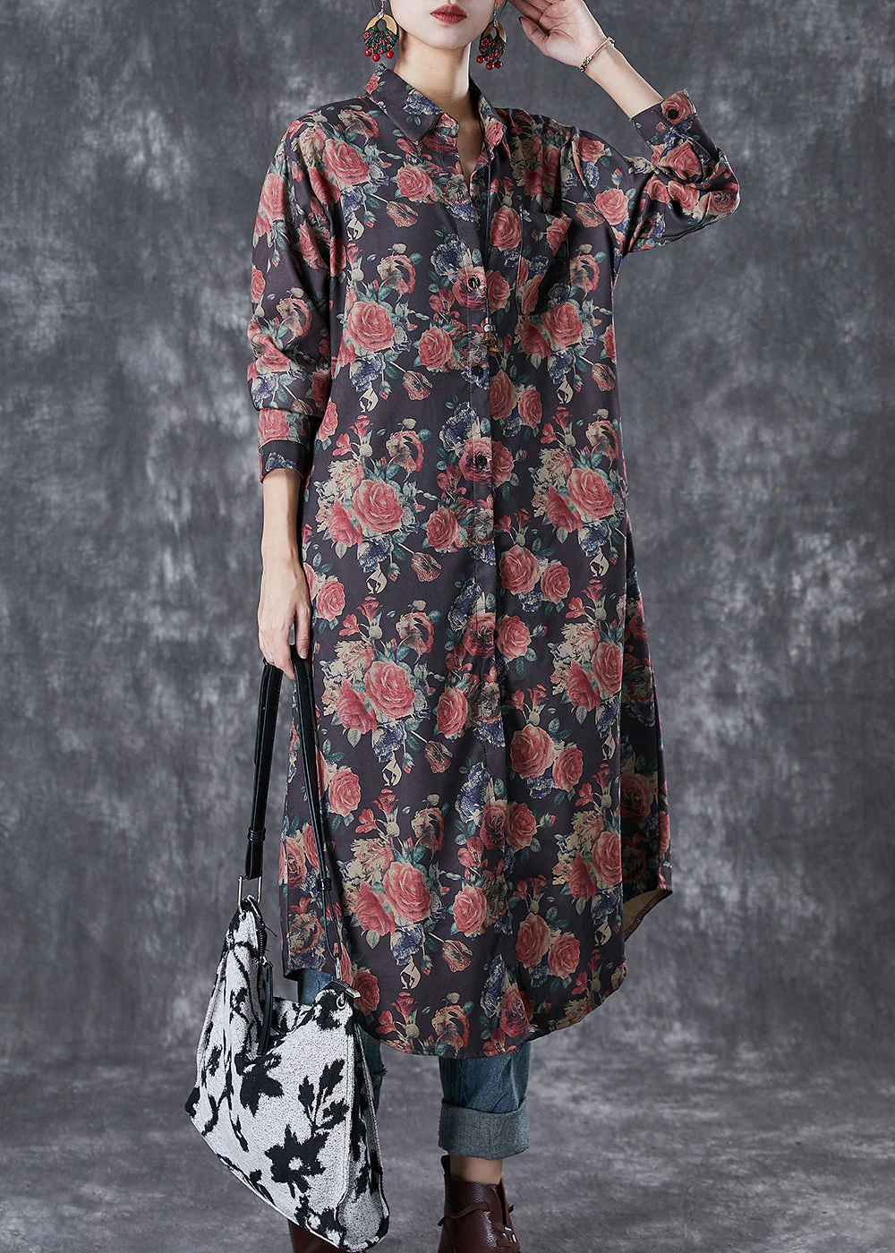 French Black Oversized Rose Print Cotton Shirt Dresses Fall - Image 3
