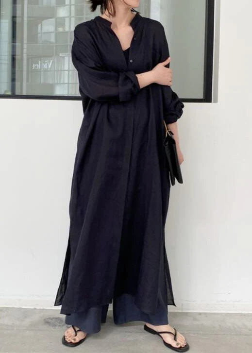 French Black Oversized Side Open Linen Shirt Dresses Spring - Image 2