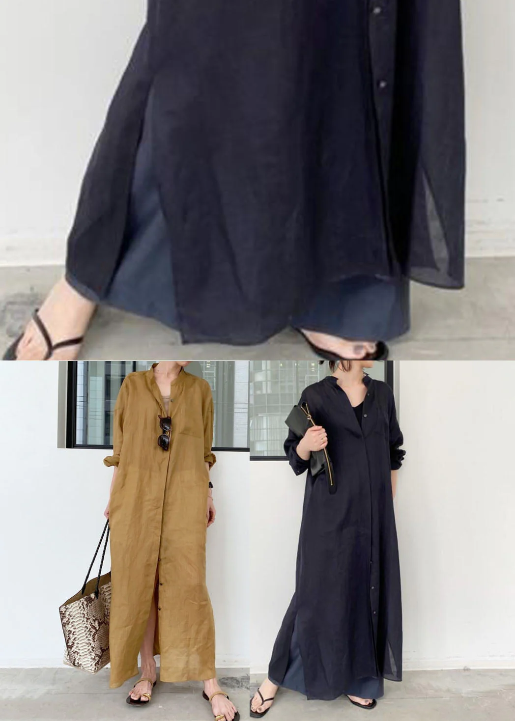 French Black Oversized Side Open Linen Shirt Dresses Spring - Image 5