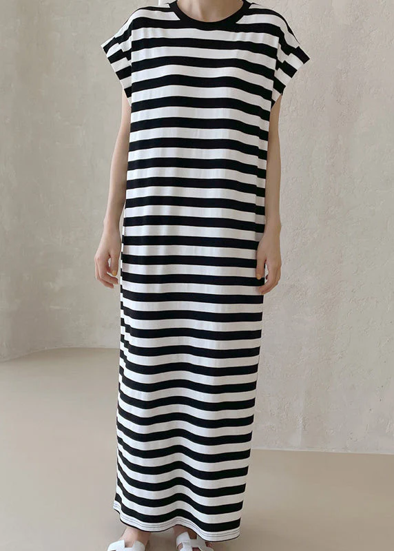 French Black Oversized Striped Cotton Long Dress Summer - Image 2