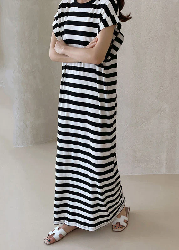 French Black Oversized Striped Cotton Long Dress Summer - Image 3