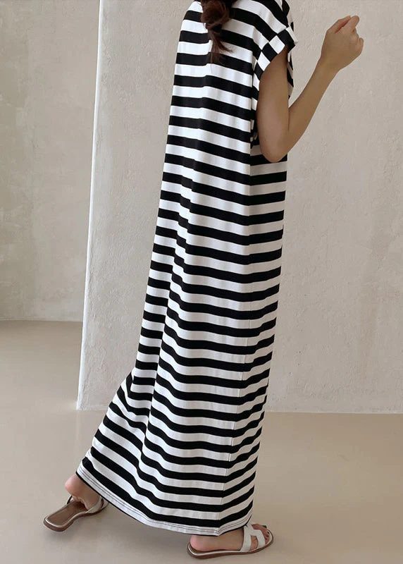 French Black Oversized Striped Cotton Long Dress Summer - Image 4