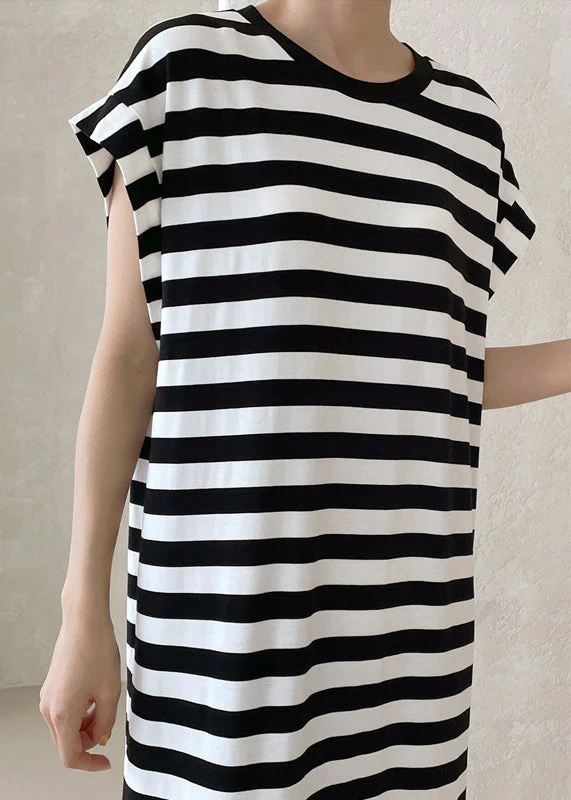 French Black Oversized Striped Cotton Long Dress Summer - Image 5