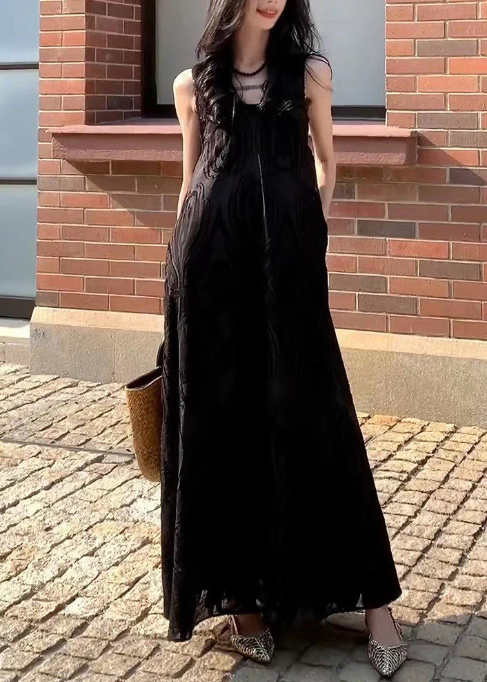 French Black Patchwork Long Dress V Neck Sleeveless - Image 2
