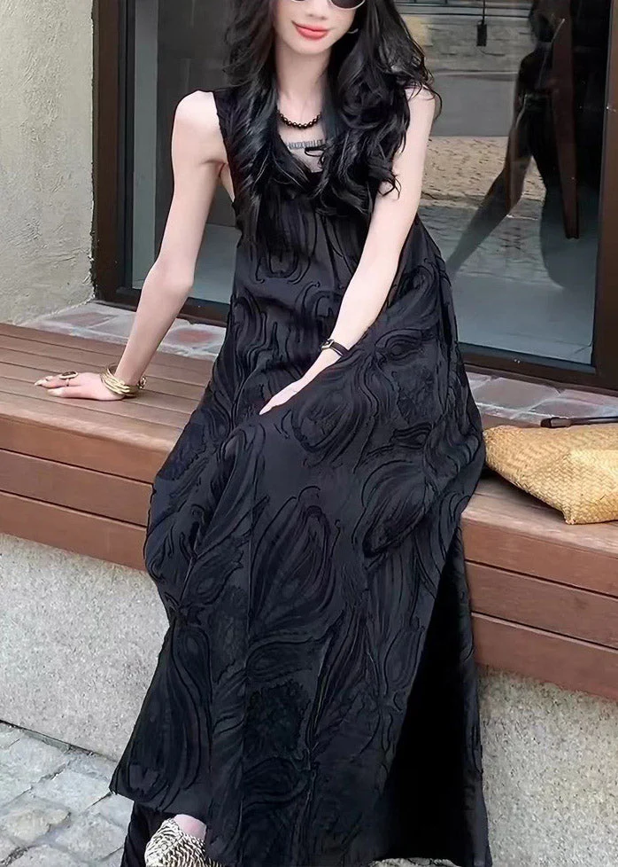 French Black Patchwork Long Dress V Neck Sleeveless - Image 3