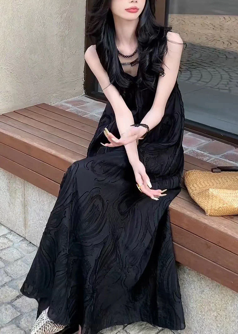 French Black Patchwork Long Dress V Neck Sleeveless - Image 4