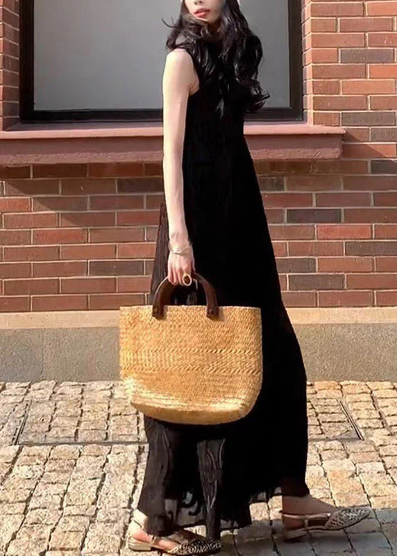 French Black Patchwork Long Dress V Neck Sleeveless - Image 5