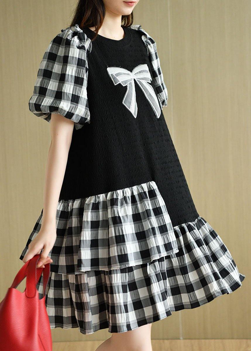 French Black Patchwork Plaid Summer Puff Sleeve Dresses - Image 2