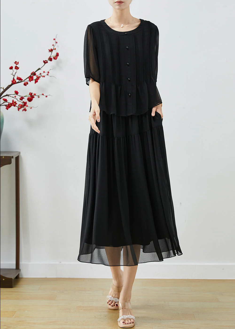 French Black Patchwork Wrinkled Chiffon Vacation Dresses Summer