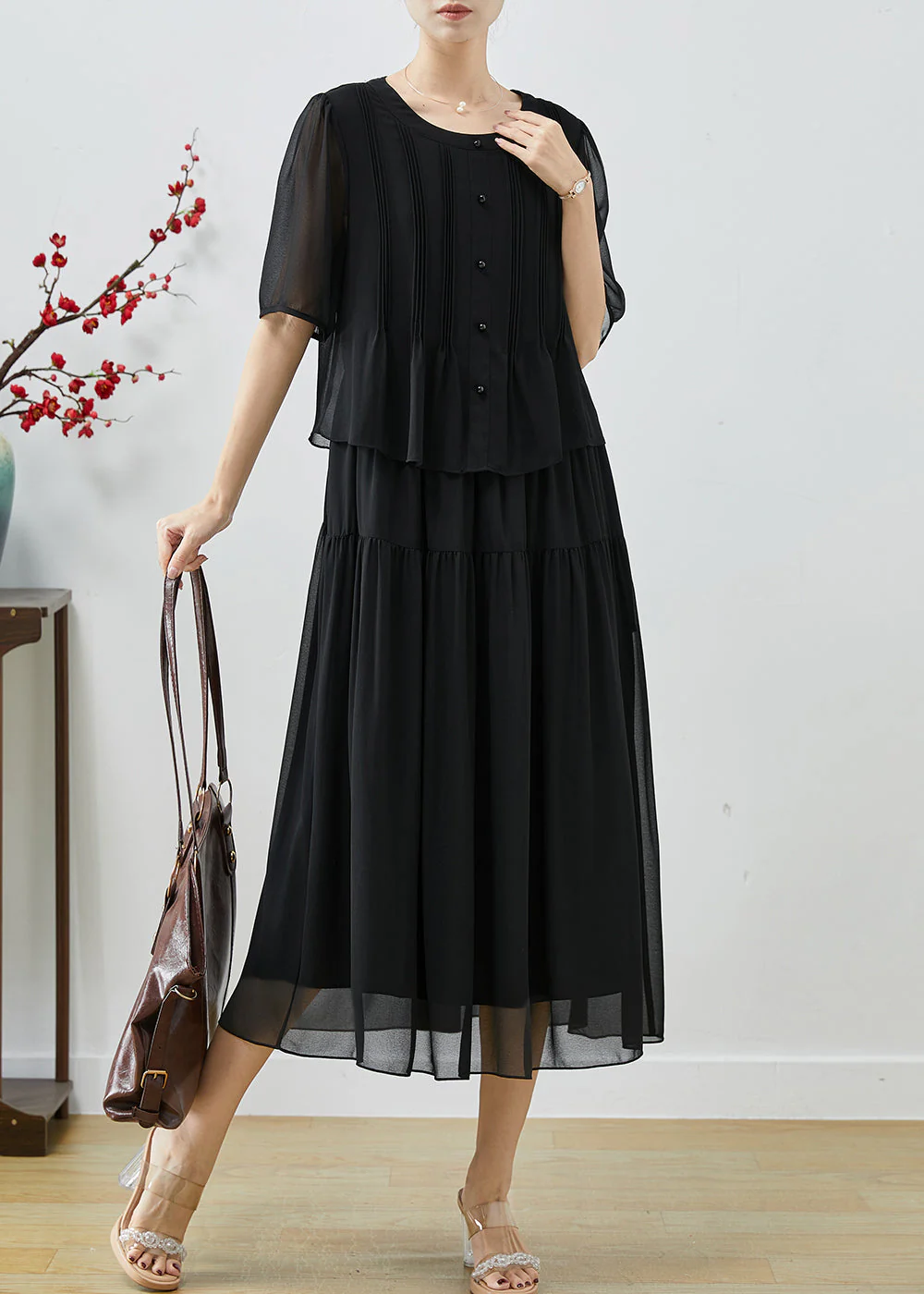 French Black Patchwork Wrinkled Chiffon Vacation Dresses Summer - Image 3