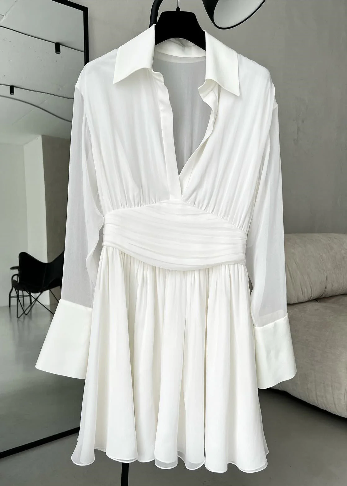 French Black Peter Pan Collar Button Chiffon Shirts Dress Spring - Image 2