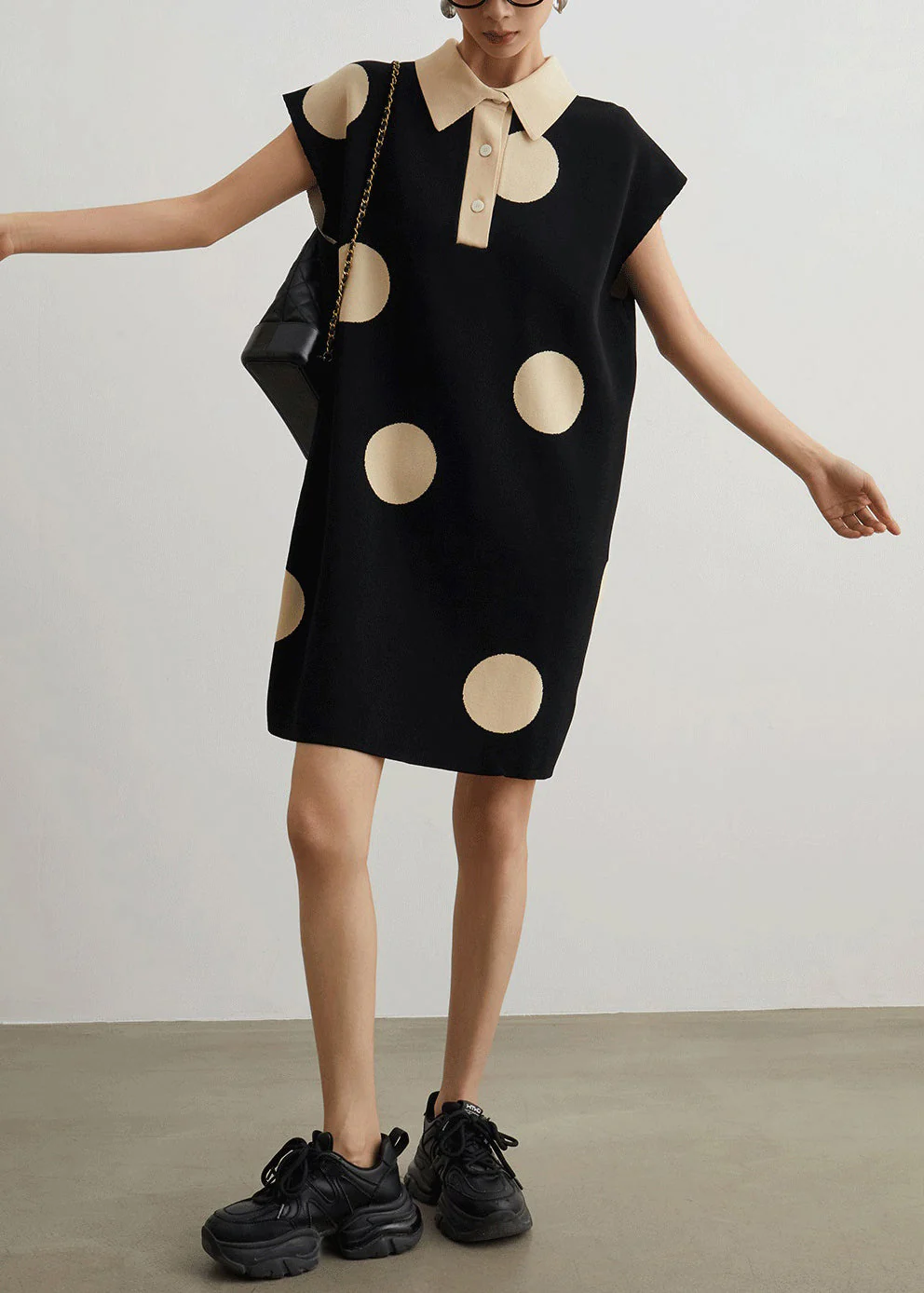 French Black Peter Pan Collar Button Dot Knit Mid Dress Summer - Image 2