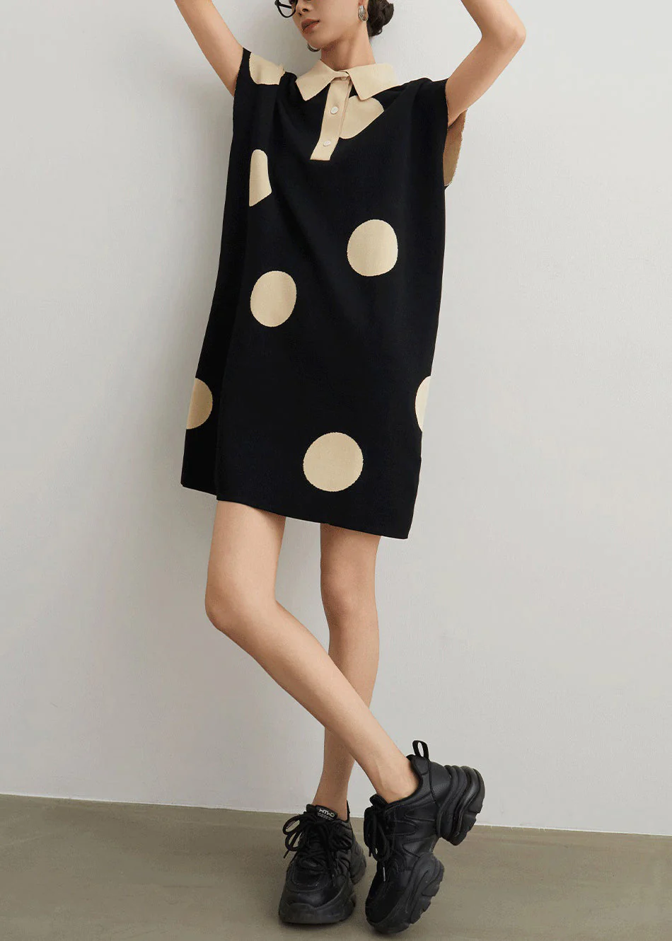 French Black Peter Pan Collar Button Dot Knit Mid Dress Summer - Image 3
