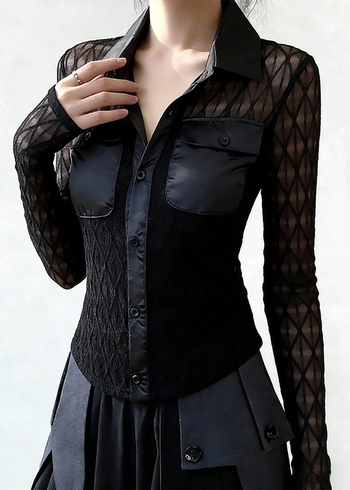French Black Peter Pan Collar Button Pockets Patchwork Lace Blouses Spring - Image 2