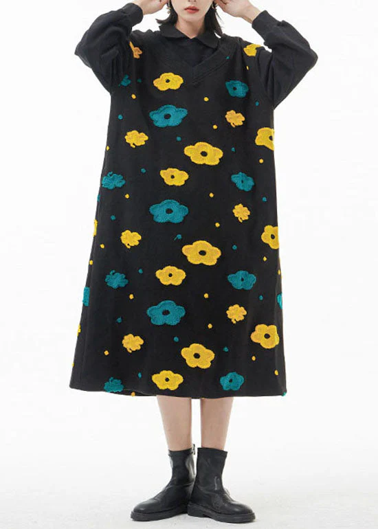 French Black Peter Pan Collar Floral Patchwork Woolen Dress Spring - Image 2