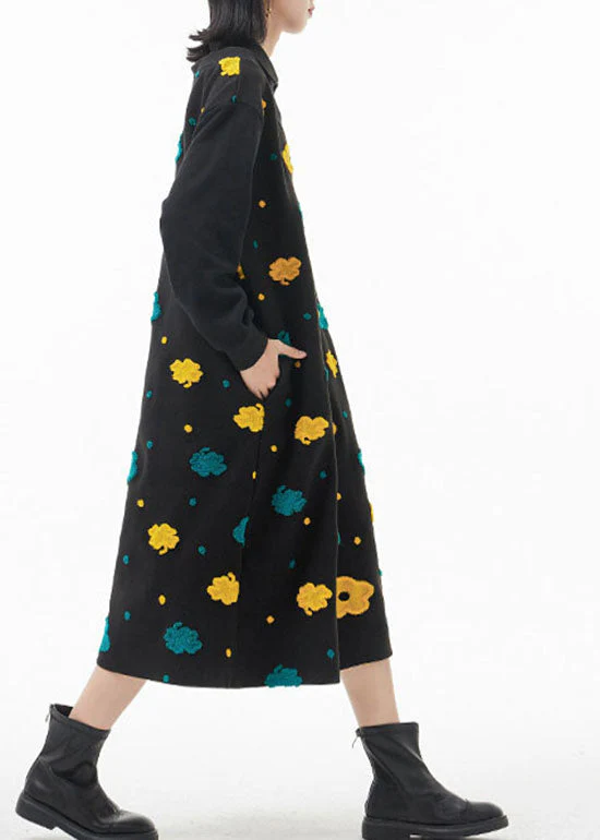French Black Peter Pan Collar Floral Patchwork Woolen Dress Spring - Image 3