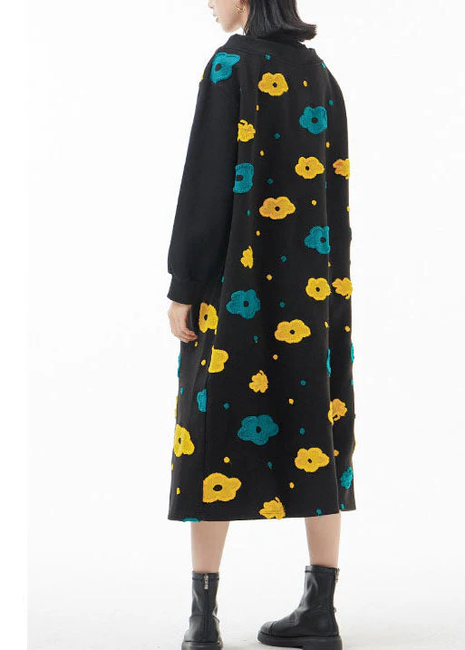 French Black Peter Pan Collar Floral Patchwork Woolen Dress Spring - Image 4