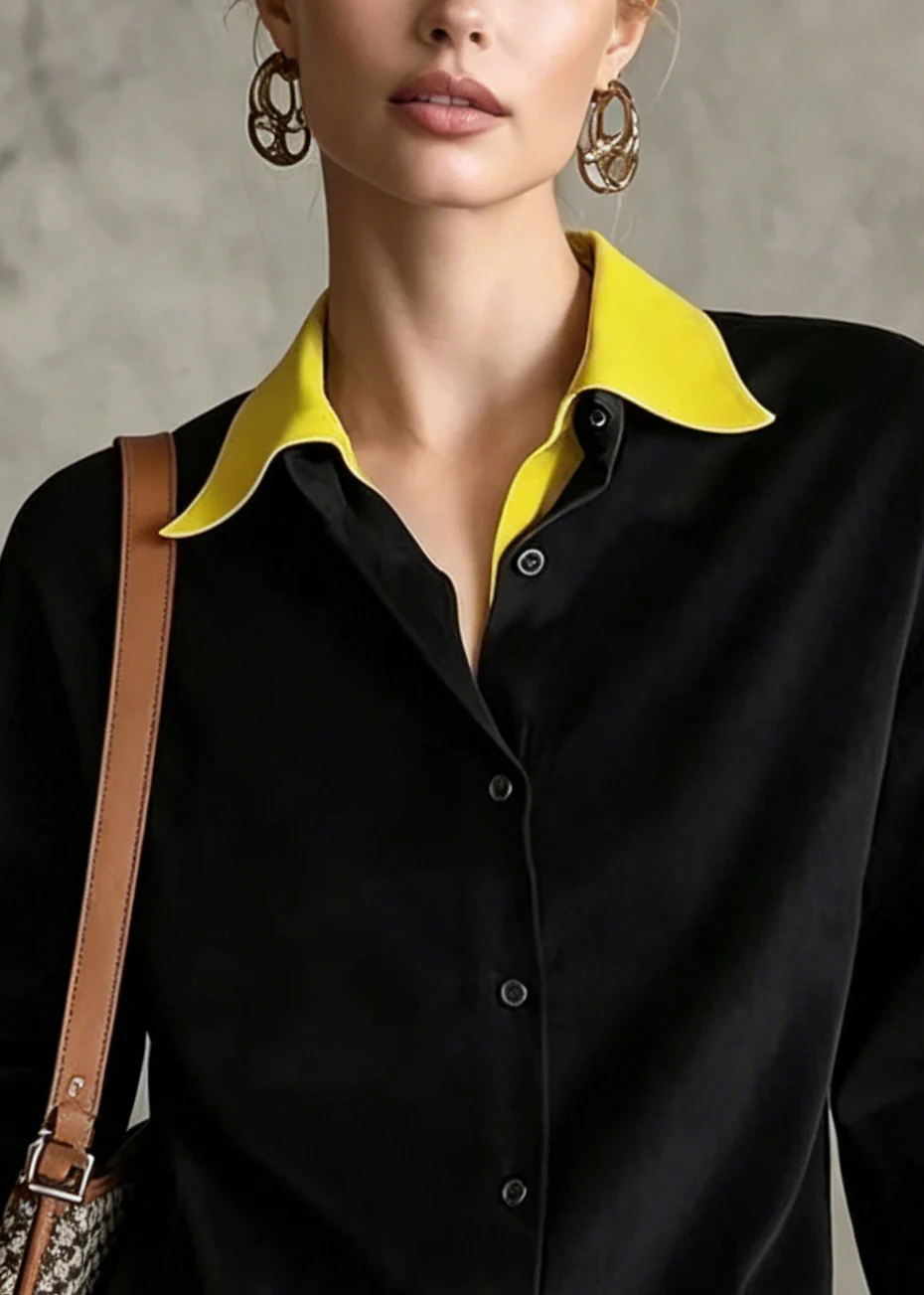 French Black Peter Pan Collar Patchwork Cotton Fake Two Piece Blouses Fall - Image 2
