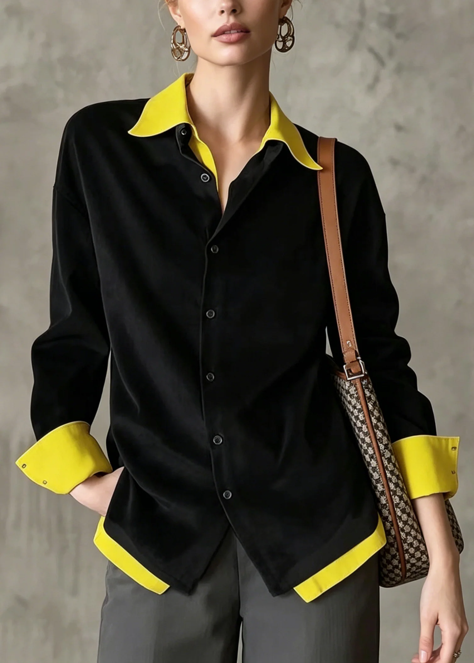 French Black Peter Pan Collar Patchwork Cotton Fake Two Piece Blouses Fall - Image 3