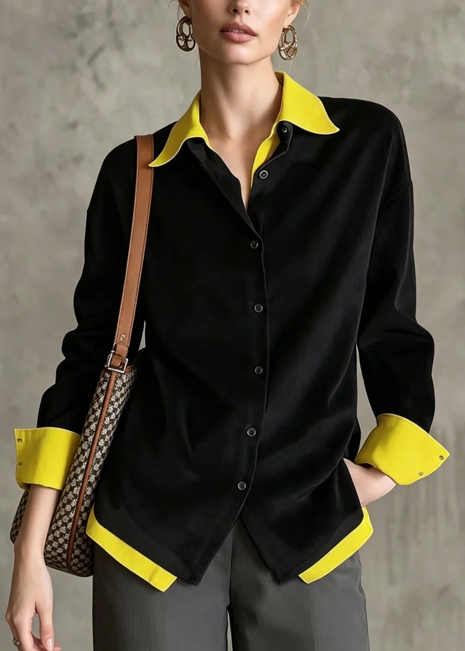 French Black Peter Pan Collar Patchwork Cotton Fake Two Piece Blouses Fall - Image 5