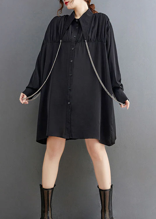 French Black Peter Pan Collar Patchwork Shirt Dresses Spring - Image 3