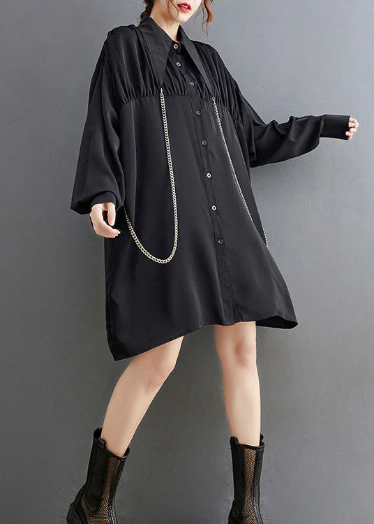 French Black Peter Pan Collar Patchwork Shirt Dresses Spring - Image 4