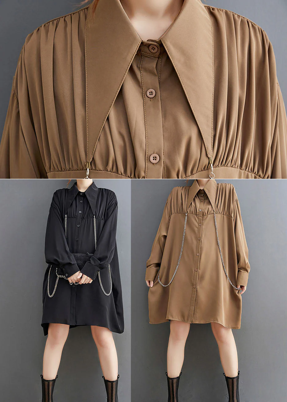 French Black Peter Pan Collar Patchwork Shirt Dresses Spring - Image 5