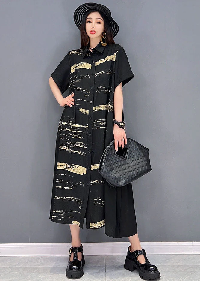 French Black Peter Pan Collar Print Cotton Shirt Dress Short Sleeve - Image 2