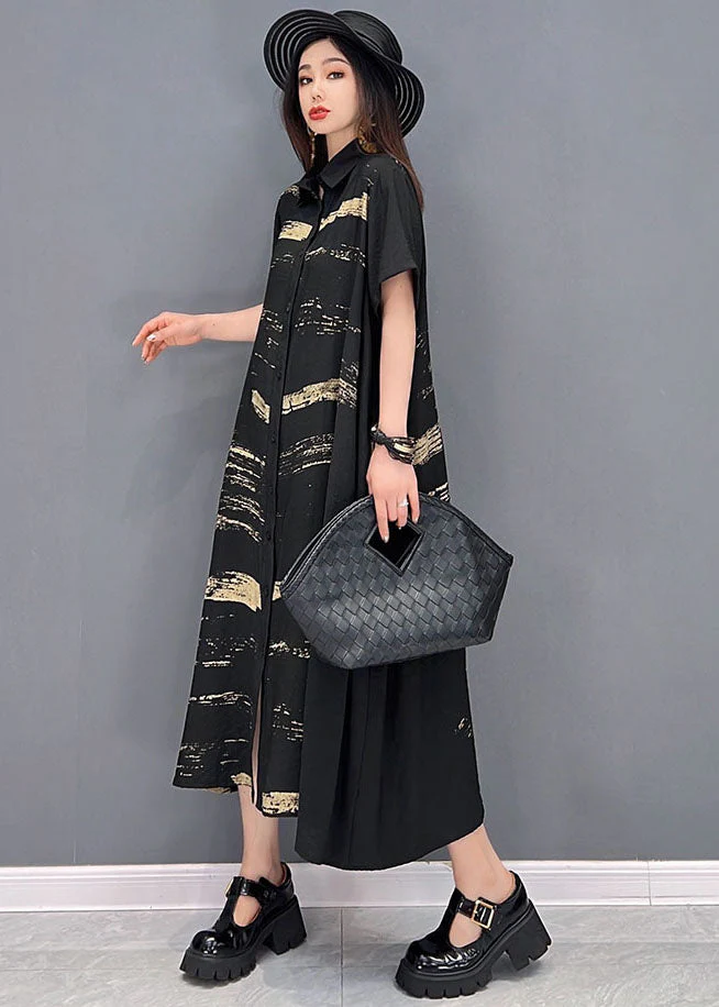 French Black Peter Pan Collar Print Cotton Shirt Dress Short Sleeve - Image 3