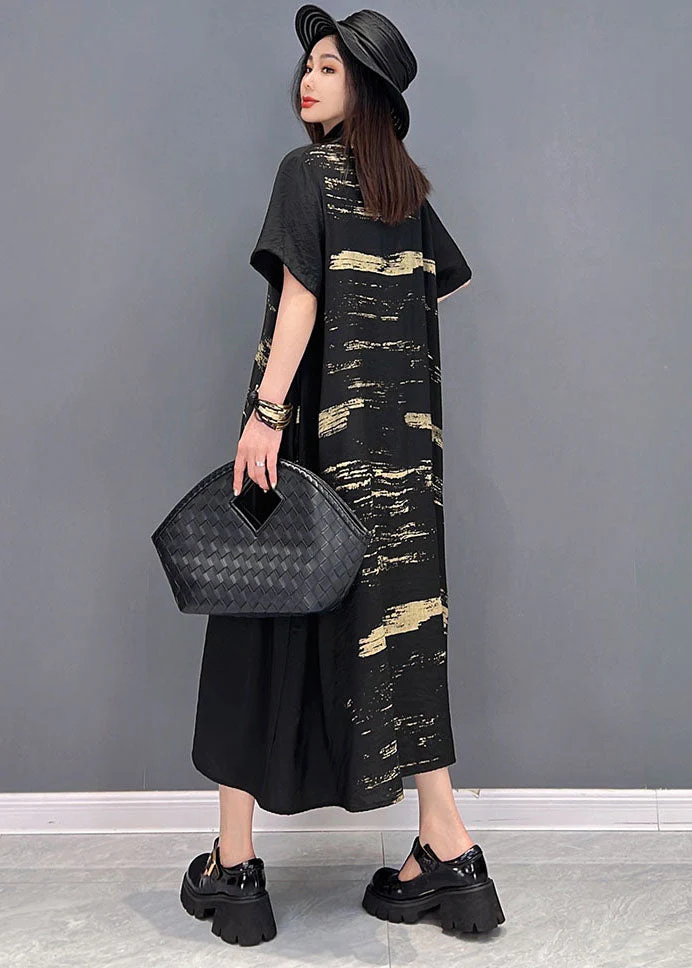 French Black Peter Pan Collar Print Cotton Shirt Dress Short Sleeve - Image 4