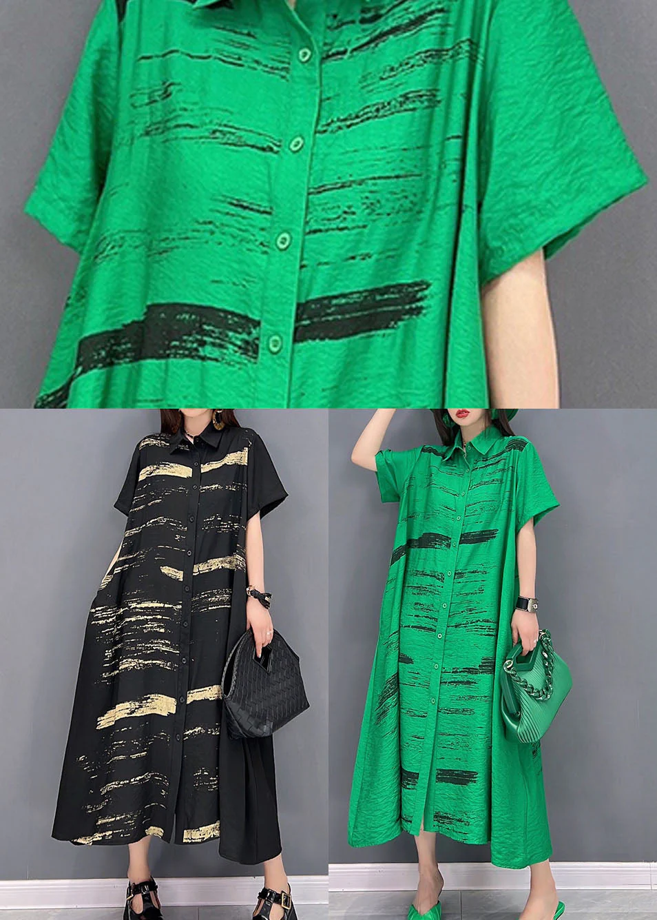French Black Peter Pan Collar Print Cotton Shirt Dress Short Sleeve - Image 5