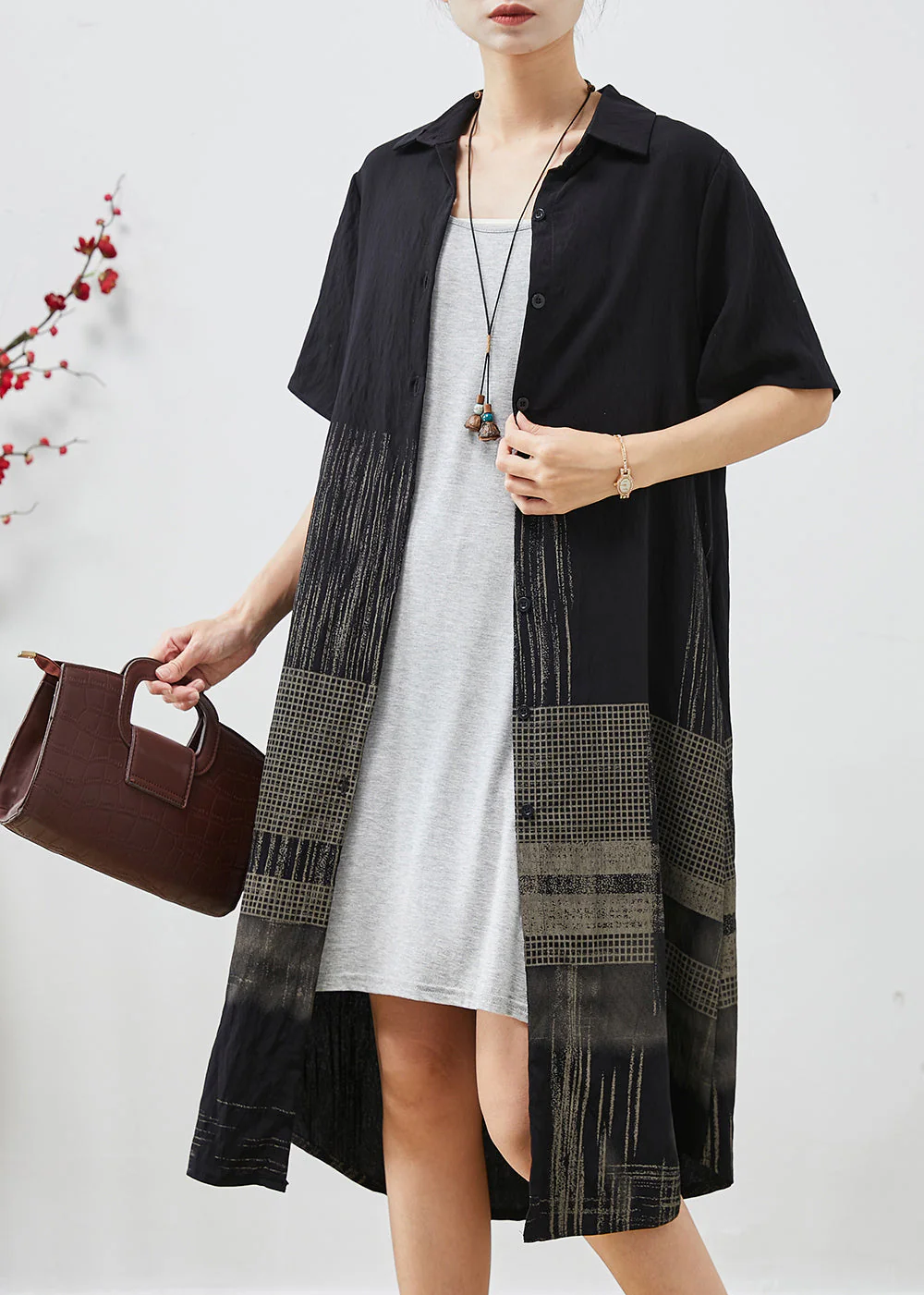 French Black Peter Pan Collar Print Cotton Shirt Dress Summer - Image 2
