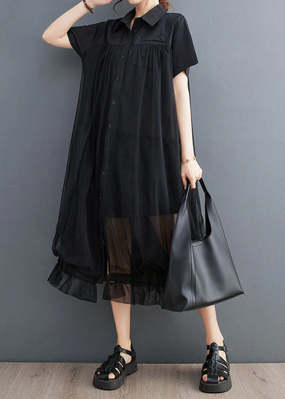 French Black Peter Pan Collar Wrinkled Patchwork Tulle Shirts Dress Summer - Image 2