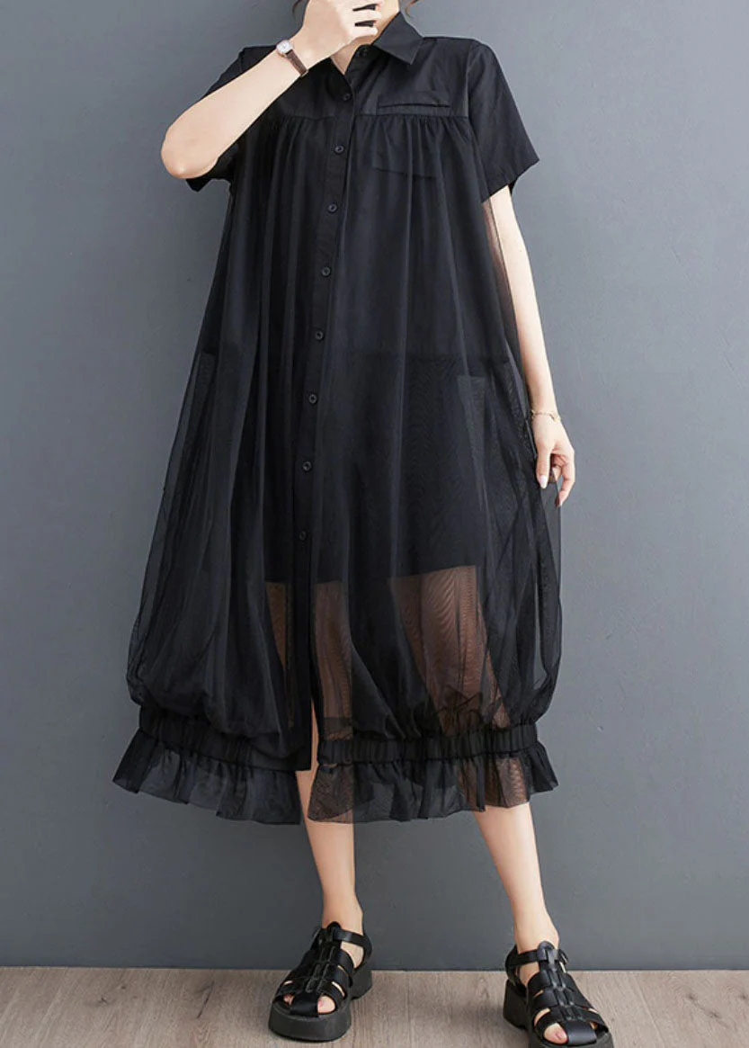 French Black Peter Pan Collar Wrinkled Patchwork Tulle Shirts Dress Summer - Image 3