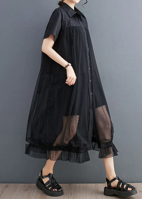 French Black Peter Pan Collar Wrinkled Patchwork Tulle Shirts Dress Summer - Image 4